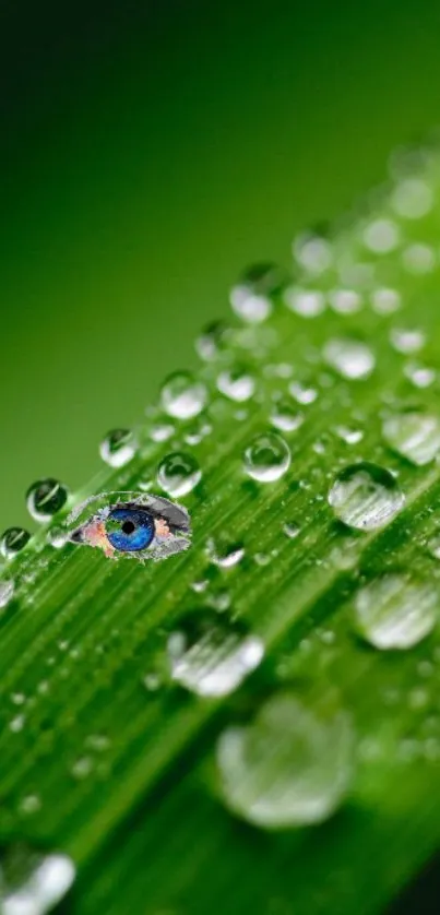 Green leaf with dew and artistic eye design.