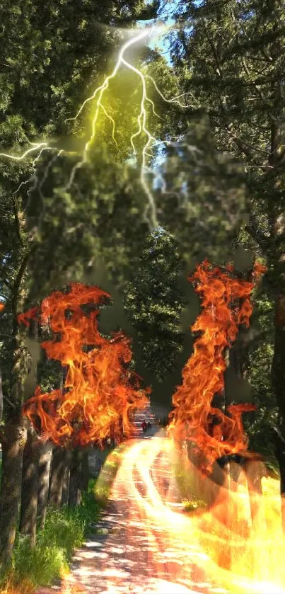 Fiery forest path with lightning strikes above.