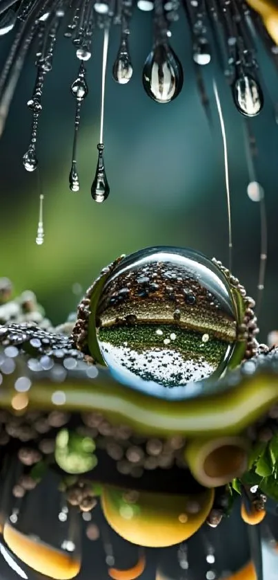 Crystal clear raindrop reflecting nature.