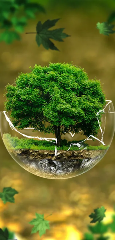 Mobile wallpaper of green tree in a glass orb.