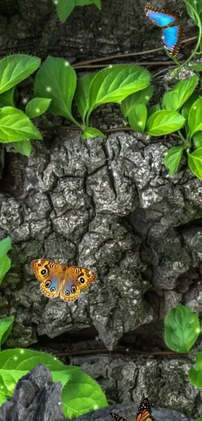 Lush green vines intertwine with textured tree bark.
