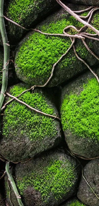 Green moss with vines on stone wall wallpaper.