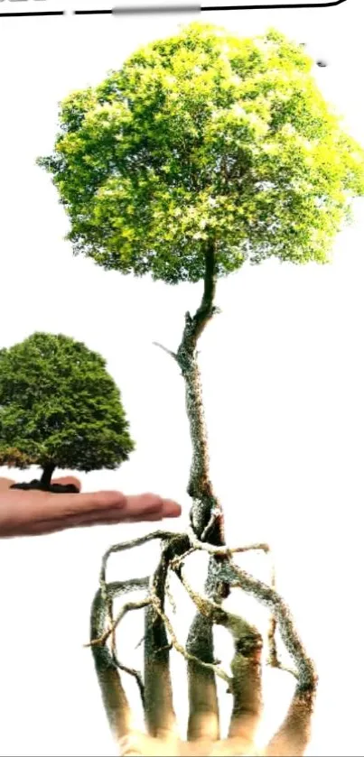 Mobile wallpaper of a hand holding growing trees, symbolizing nature's connection.