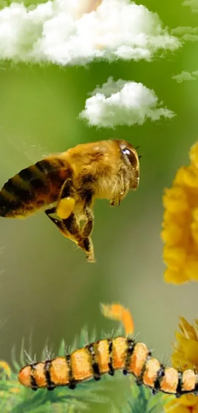 Honey bee flying over green foliage and yellow flower in nature wallpaper.