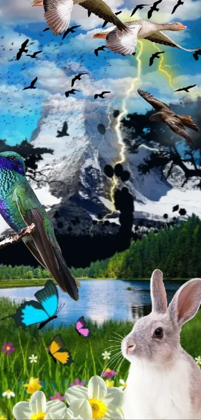 Colorful nature scene with birds, a rabbit, and a mountain backdrop.
