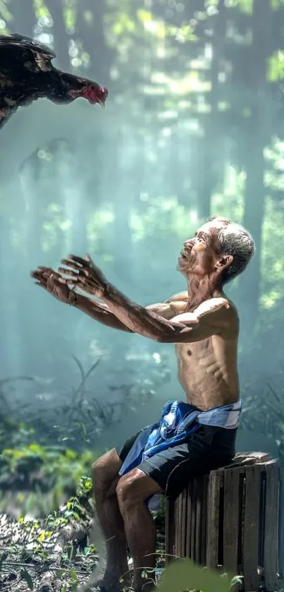 A man releases a rooster in a sunlit forest, embracing nature's tranquility.