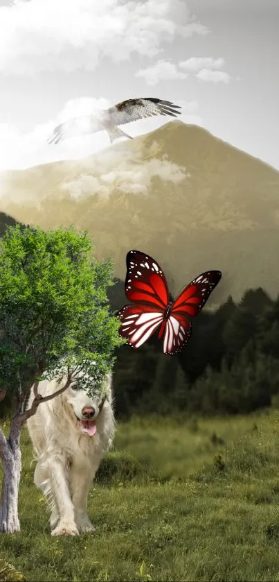 Wallpaper with mountain, butterfly, eagle, and dog in lush forest.