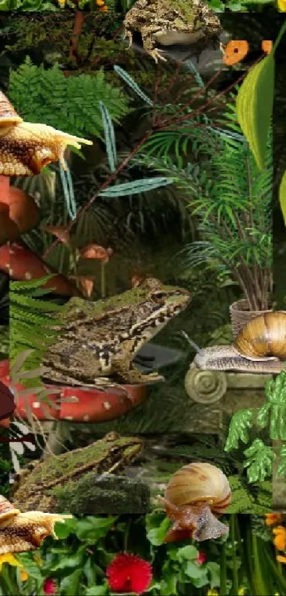 Snails and frogs on a forest mushroom.