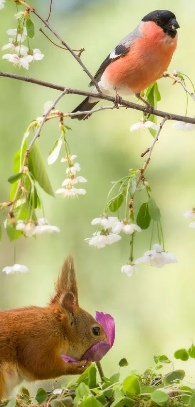 Bird perched above a squirrel with flowers.