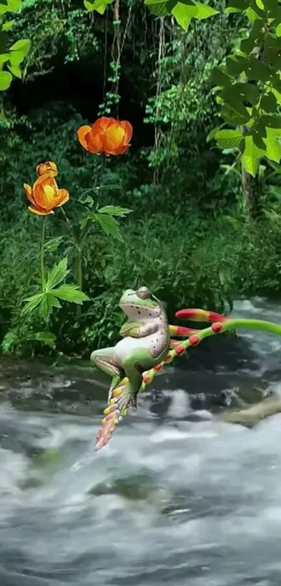 Frog resting on a branch over a flowing stream in a lush green forest.