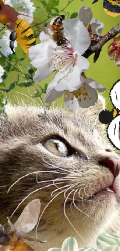 Cat and bees surrounded by flowers and greenery wallpaper.