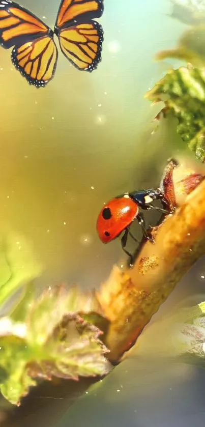 Ladybug on branch with butterfly in vivid nature wallpaper.