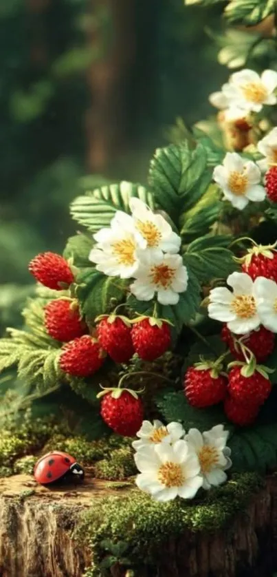 Ladybug on mossy stump with berries and flowers.