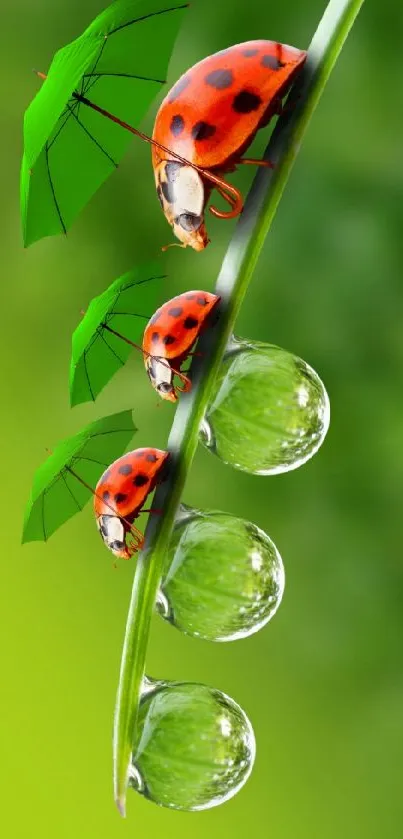 Vibrant image of ladybugs on a leafy stem with a green background.