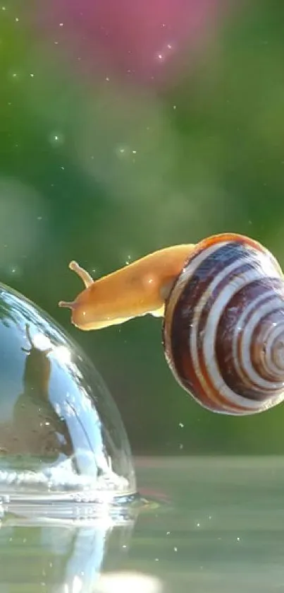 Snail on a twig near a reflective bubble, serene natural background.