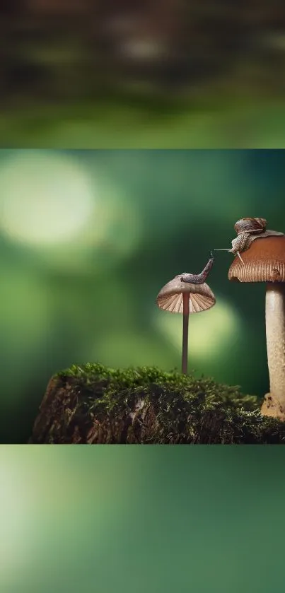 Snail perched on mushrooms in a lush forest backdrop.