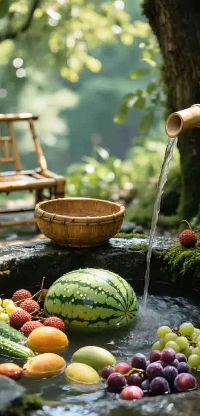 Fruits in a serene bamboo garden stream setting.