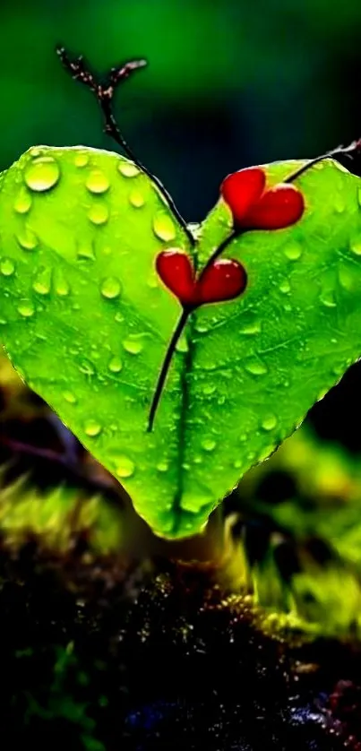 Heart-shaped green leaf with red accents and raindrops.