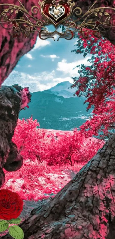 Surreal scene with heart-shaped frame through tree trunks.