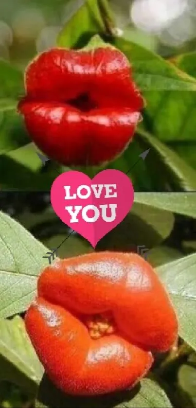 Heart-shaped red lips plant with green leaves background.