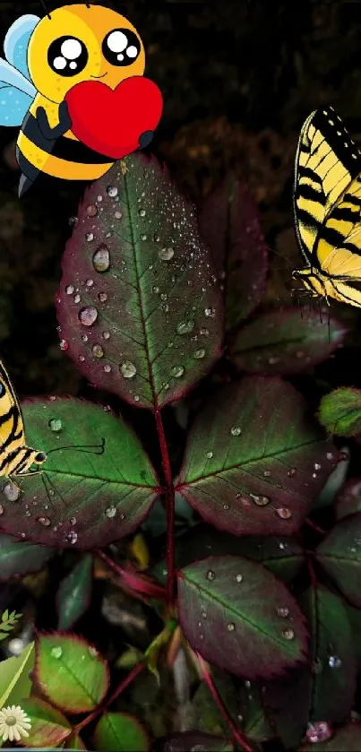 Dewy leaves with butterflies and a cartoon bee on a mobile wallpaper.