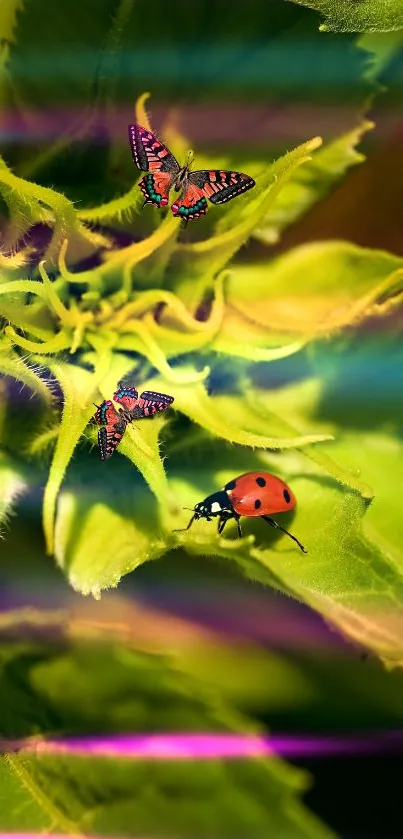 Vibrant nature wallpaper with butterflies and ladybug on green leaves.