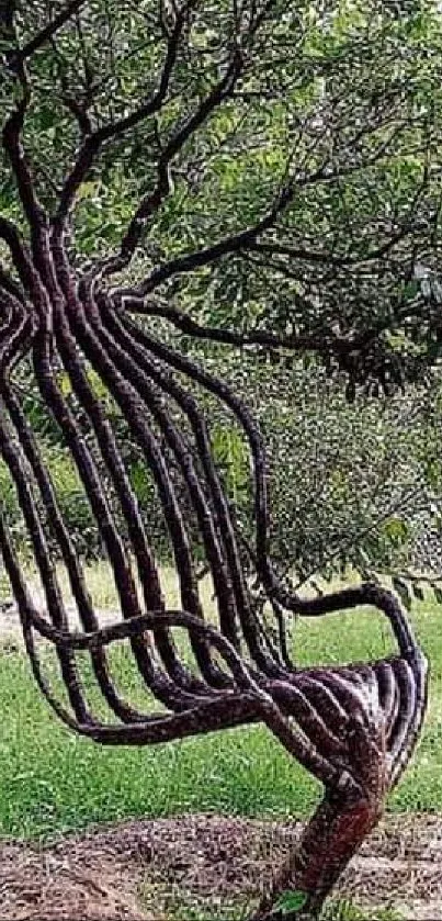 A chair formed by intertwined tree branches in a green landscape.