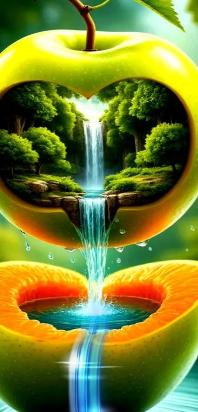 Surreal nature scene in a fruit with waterfall