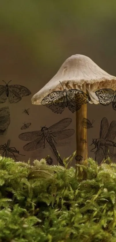 Mushroom and butterflies in a green mossy forest scene.