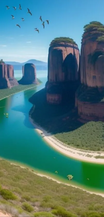 Majestic canyon with green river and towering rock formations.