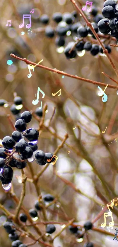 Dew-covered berries with colorful music notes on branches.