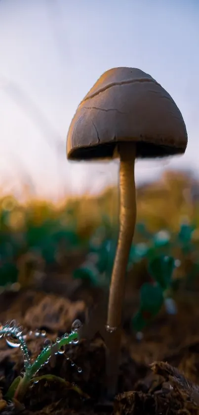 Close-up of a mushroom in a serene, natural setting with earthy tones.