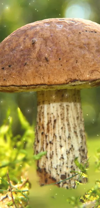 A detailed shot of a mushroom surrounded by lush greenery in natural light.