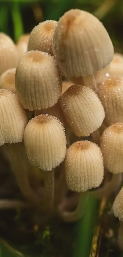 A cluster of small mushrooms growing amidst green grass.