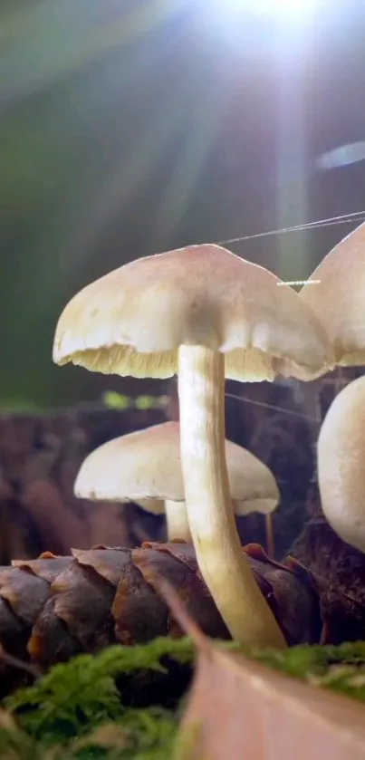 Cluster of mushrooms in sunlight on a forest floor.