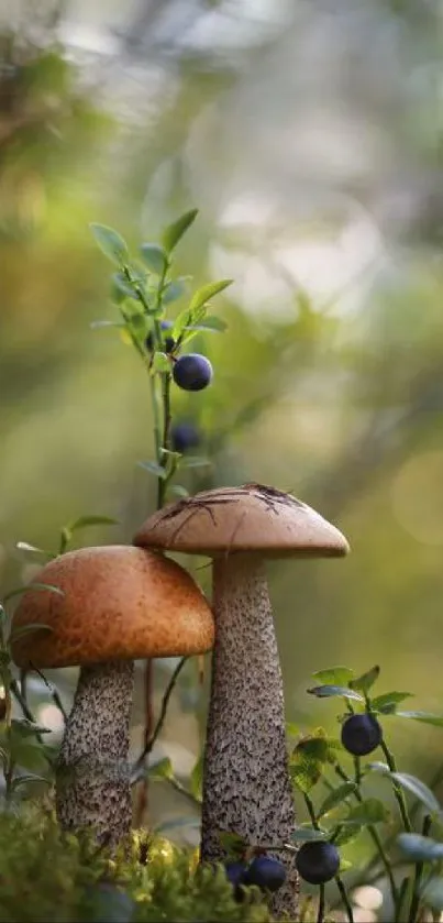 Two forest mushrooms among lush green foliage.