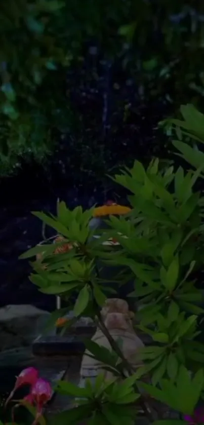 A peaceful jungle scene at night with vibrant foliage.