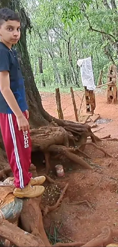 Boy exploring forest in red pants.