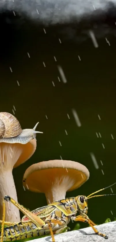 Snail and grasshopper on mushrooms in rain close-up wallpaper.