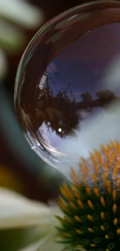 Reflective bubble amidst a floral scene