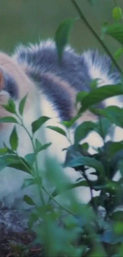 Calico cat peacefully resting in green foliage.