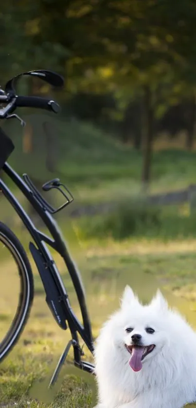 Fluffy white dog beside a bicycle in a green park.