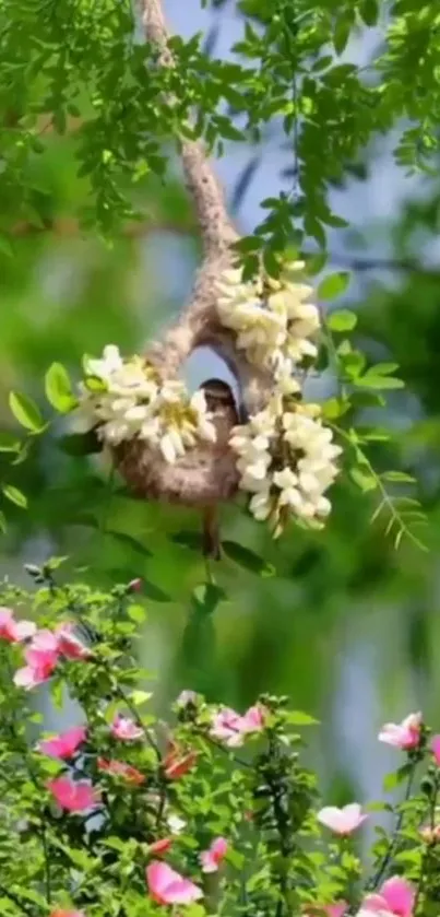 Bird nestled in a floral branch amidst vibrant greenery.