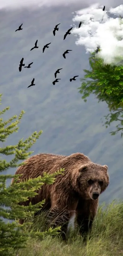 Majestic bear in lush green forest with birds soaring above, nature wallpaper.