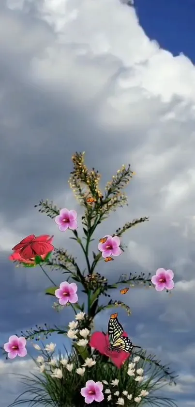 Scenic floral sky wallpaper with colorful flowers and butterflies.