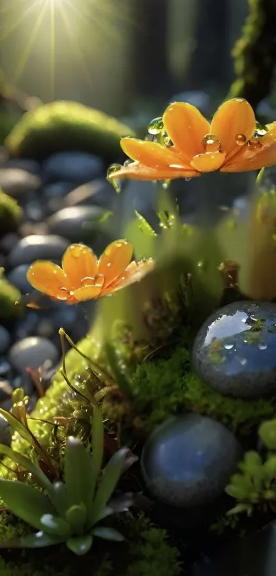 Serene wallpaper with orange flowers and pebbles on moss.