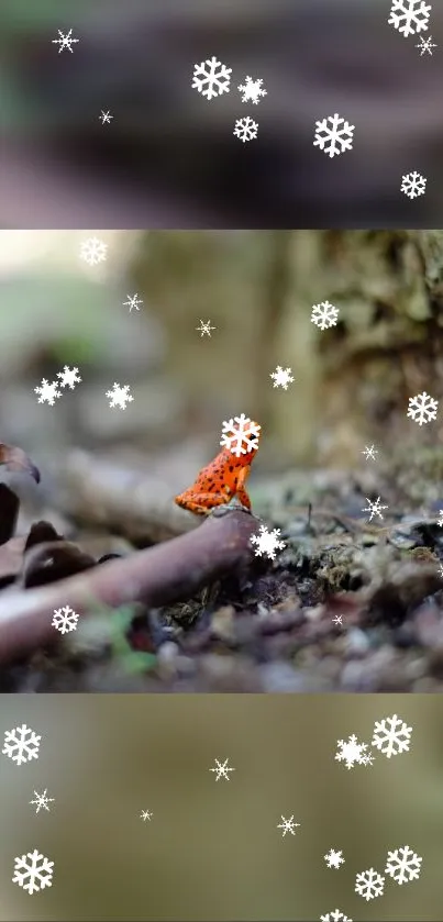 Vibrant mushroom with snowflakes overlay on forest floor wallpaper.