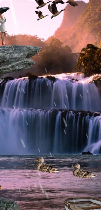 Serene waterfall landscape with lush greenery and tranquil water.