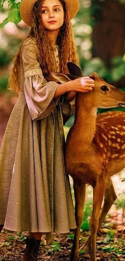 Girl with deer in forest wallpaper, serene and natural.