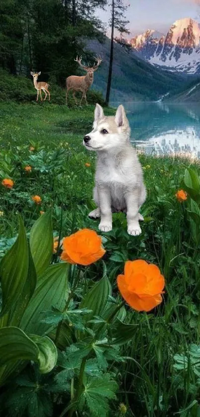 A scenic view with a wolf pup, orange flowers, deer, and snow-capped mountains.